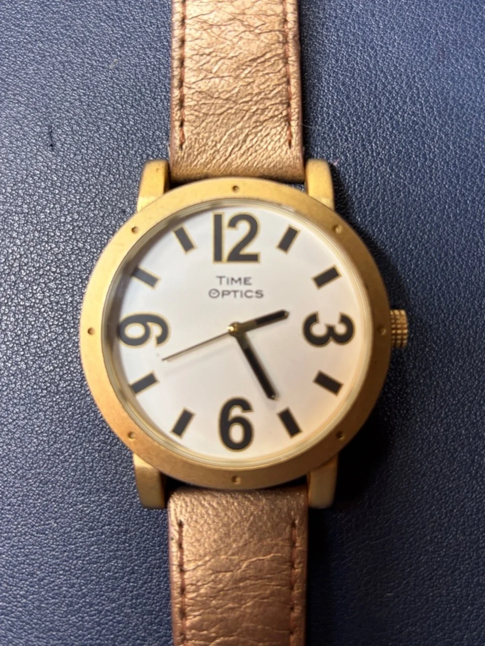Time Optics Men's Gold Case Watch with White Dial and Brown Strap - new battery